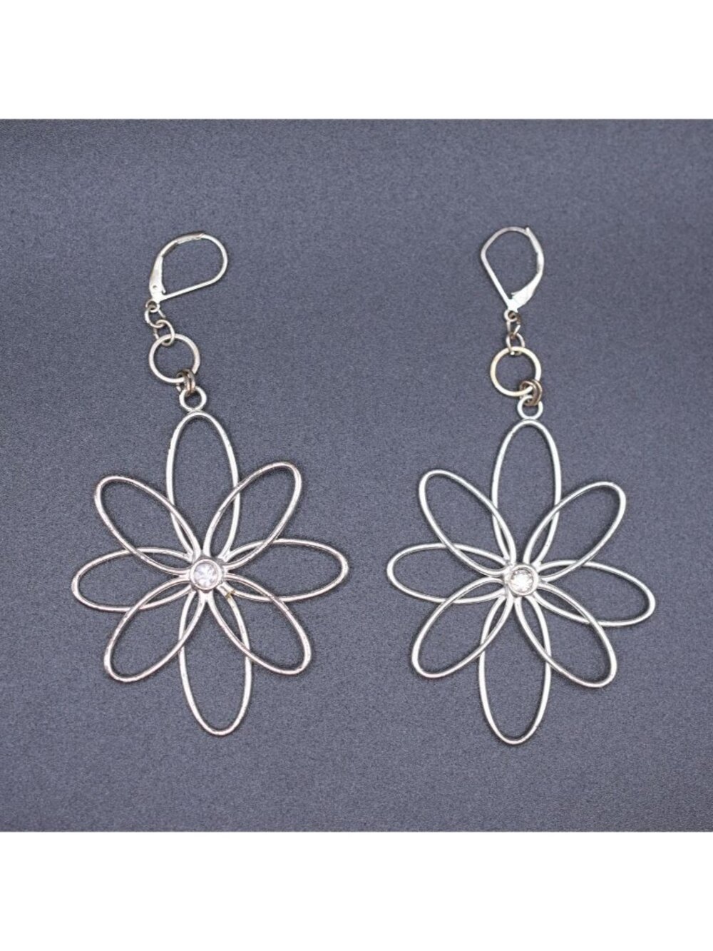 Silver Tone Flower Drop Earrings With Crystal Center 3 Inches Long Leverback Clo